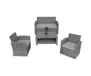 4 Seater Rattan Garden Furniture Set 4 Piece Grey with Coffee Table | 2 Chairs, Loveseat and Tempered Glass Coffee Table, Cushions, for Garden, Balcony, Terrace, Conservatory and Backyard
