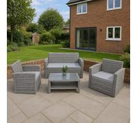 4 Seater Rattan Garden Furniture Set with Loveseat and Coffee Table | 2 Chairs, Loveseat Sofa, Tempered Glass Coffee Table, Cushions, for Indoor Outdoor Patio Lounge Seating