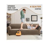 (4 Seater Sofa Cover, Coffee/Sand) Stretch Sofa Cover Non Slip Couch Cover Spandex Slipcover Protector T Shape Elastic Furniture Cover