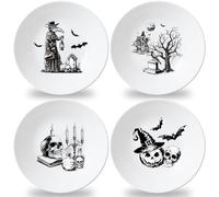 4 Set 10 Inch Halloween Gothic Plates Melamine Halloween Dinnerware Set Reusable Skull Candle Bat Tombstone Crow Melamine Plate Dishwasher for Toddlers Creatively Drop Resistant Cute Plastic Dish