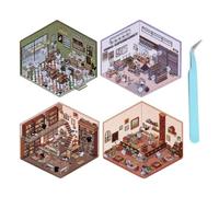 4 Set 3D Sticker Scene, 3D House Stickers, DIY 3D House Stickers, Supermarket Coffee Shop Restaurant Bookstore, Funny Cartoon Scene Stickers for Relief Stress Pass The Time
