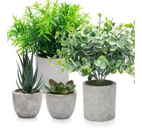 4 Set Artificial Plants Indoors in Pots Plastic Potted, Eucalyptus, Rosemary, Small Fake Succulents Faux Plants for Office Desk Bedroom Kitchen House