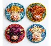 4 Set DIY Punch Needle Coaster Kits Cute Highland Cow Easy for Beginners with Adhesive Felt Hoop Punch Needle Embroidery Starter Set with Pattern for Drink Cups Mat Home Decor