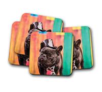 4 Set - French Bulldog Drinks Coaster - Cute Puppy Dog Funny Hat Fun #8495
