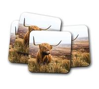 4 Set - Funny Highland Cow Coaster - Cattle Scotland Wild Fun Animal #15755