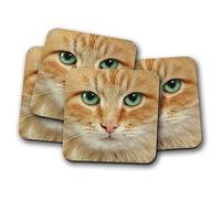 4 Set - Ginger Cat Face Coaster - Kitten Cats Green Eyes Cute Pretty #15007