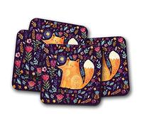 4 Set - Ginger Fox Drawing Coaster - Cute Animal Art Wildlife Flower #15571