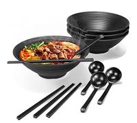 4 Set Large Noodle Ramen Bowl - Plastic Japanese Picnic Tableware for Pasta Dishes Salad Udon Soup Soba Pot Noodles Bowls 4×1100 Ml Bowl Chopsticks Spoon Sets Suit for Dinner Christmas Birthday Gifts