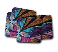 4 Set - MDF Abstract Flower Coaster - Stained Glass Effect Feathers Artist #15782