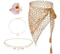 4 Set Mermaid Costume Swimwear Hand Crochet Skirt Cover up with Seashell Starfish Waist Chains Necklace Flower Hair Clip for Women Summer Beach Shawl Capelet Triangle Fishnet Skirt