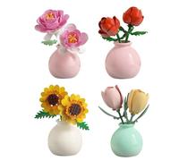 4 Set Mini Botanical Flower Building Blocks Set, Red Rose, Rose, Sunflower, Tulip, Artificial Flowers Home Decor Model Bricks Toys, Unique Valentine’s Gift for Teens and Adults