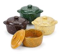 4 Set Mini Ceramic Casserole Dishes with Lids, 250 ml Porcelain Cocotte | Small Individual Baking Pot with Handles for Souffle Soup Cobbler Stoneware Ramekins, Microwave & Dishwasher Safe