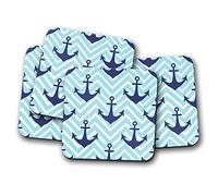 4 Set - Nautical Print Coaster - Anchor Sea Sailing Blue Dad Fun #8848