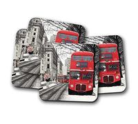 4 Set - Red London Bus Coaster - England British UK Winter Snow Fun #14648