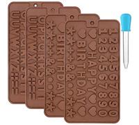 4 Set Silicone Chocolate Letter Mold and Number Moulds Tray with Plastic Dropper for Soap Making Candy Cake Decorating DIY Baking Alphabet Happy Birthday Symbol Stencils
