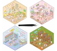 4 Set Sticker Therapy - 3D House and Coffee DIY Scene, Cartoon Miniature Landscaping Stickers, Fun DIY Project