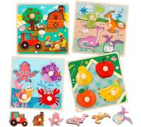 4 Set Wooden Puzzles for Kids 3-6 Year Olds, Chunky Child Puzzles Jigsaw Toys Farm Animals Friut Peg Puzzle, Wooden Toys Kid Fine Motor Skill Learning Educational Toys Gifts for Child, Kid