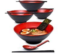 4 Sets (12 Pieces) Large Japanese Soup Bowl Melamine Hard Plastic Crockery Ramen Bowl Set with Matching Spoon and Chopsticks for Udon Soba Pho Asian Noodles, Black, 9 Inches, Red