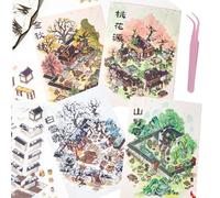 4 Sets 3D Fun Big Size House Scene Stickers with Tweezers Make Your Own Micro Vintage Natural Mountain Forest Sticker Scenes for DIY Craft Scrapbook for Relief Stress Pass The Time