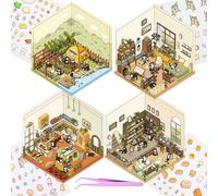 4 Sets 3D Fun Mini Cats House Scenes Stickers with Tweezers Make Your Own Study Kitchen Bedroom Courtyard Stickers Scenes for Relief Stress Pass The Time