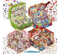 4 Sets 3D Fun Mini Cute House Stickers Scenes with Tweezers Make Your Own Micro Circus Dessert Shop Opera Scenes Treasure Box Scenes Stickers for Relief Stress Pass The Time