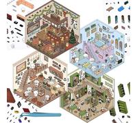 4 Sets 3D Fun Mini House Scene Stickers with Tweezers Make Your Own Apartment Sushi Cafe Cafe Bookstore Stickers Scenes Cute Micro Animal Room Craft Stickers for Relief Stress Pass The Time