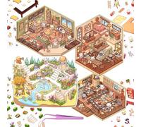 4 Sets 3D Fun Mini House Scene Stickers with Tweezers Make Your Own Park Forest Inn Coffee Bakery Sushi Restaurant Micro Sticker Scenes Cute Animals DIY Stickers for Relief Stress Pass The Time