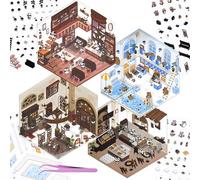 4 Sets 3D Fun Mini House Scenes Stickers with Tweezer Make Your Own Station Bookstore Pool Bakery Micro Stickers Scenes Cute Animals DIY Stickers for Relief Stress Pass The Time