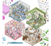 4 Sets 3D Fun Mini House Scenes Stickers with Tweezers Make Your Own Ice Cream Shop Duplex Room Micro Stickers Scenes Cute Animals DIY Craft Stickers for Relief Stress Pass The Time