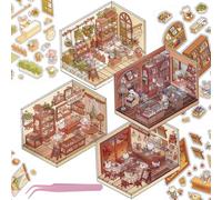 4 Sets 3D Fun Mini House Stickers Scenes with Tweezers Make Your Own Bakery Flower Coffee Shop Library Scenes Stickers Cute Micro Room Craft Scrapbook Stickers for Relief Stress Pass The Time