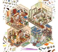 4 Sets 3D Fun Mini House Stickers with Tweezers Make Your Own Vintage Chinese Building Scenes Stickers Cute Micro Room Craft Scrapbook Stickers for Relief Stress Pass The Time