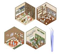 4 Sets 3D House Stickers, Paper House Stickers with Tweezers Fun 3D House Sticker Set Cute 3D Stickers Scene Restaurant Bkaing Shop Bookstore House Stickers for Scrapbooking
