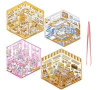 4 Sets 3D Mini artoon Scene Stickers, DIY Therapy Sticker Ouse - Pet Coffee Bakery Shop Scenes with Tweezers for Adults Kids