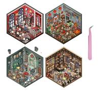 4 Sets 3D Scene Stickers,DIY Mini House Stickers Set for Adults with Tweezers Make Your Own Adventures Room Sticker Scene Therapy for Adults Girls Relief Stress Pass The Time Gift Micro-Terror Cabin