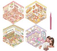4 Sets 3D Sticker Scene, 3D Stickers, Top Model Sticker Books, 3D House Sticker Set, Sticker Scene, Make Your Own Supermarket, Restaurant, Scene Sticker for Adult Kid Relief Stress Pass The Time