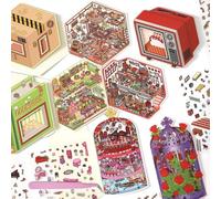 4 Sets 3D Sticker Scene Sticker Therapy 3D Scenes Kits with Tweezer,DIY Scene Stickers for Adults,Isometric Miniature House Room Sets,Stickers for Relaxing Fun