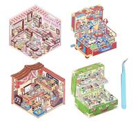 4 Sets 3D Stickers, 3D Sticker Scene，3D House Stickers， Funny DIY Stickers for Children, Funny Cartoon Scene Make Your Own Supermarket, Coffee Shop, Restaurant, Bookstore (with Tweezers)