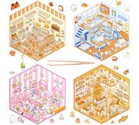 4 Sets DIY 3D House Scene Stickers, Sticker Therapy Store for Kids Adults to Relief Stress Pass The Time, Cute Cartoon House Stacking Scene Stickers, Make Your Own Stickers Cottage Store Restaurant