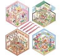 4 Sets DIY 3D House Stickers, 3D Sticker Scene DIY Fun Miniature Scene Stickers with Tweezers Cute Cartoon Scene Sticker Make Your Own Adorable Panda Teahouse Supermarket for Relaxing Pass Time