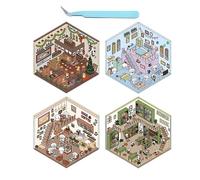 4 Sets DIY 3D House Stickers, 3D Sticker Scene, Funny DIY Stickers Make Your Own Bookstore Apartment Restaurant Coffee Shop Funny Cartoon Scene Stickers for Scrapbook Notebook Diary