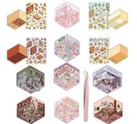 4 Sets DIY 3D House Stickers, Cute Korean DIY Stickers Scene, Make Your Own Supermarket|Coffee Shop|Restaurant|Bookstore, Cartoon Scene Stickers for Adult Kids Killing Time (A+B+C)