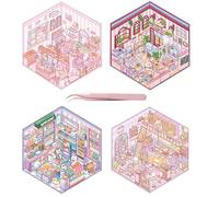4 Sets DIY 3D House Stickers, Cute Korean DIY Stickers Scene, Make Your Own Supermarket|Coffee Shop|Restaurant|Bookstore, Cartoon Scene Stickers for Adult Kids Killing Time (C)