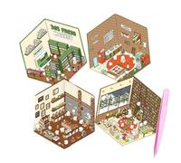 4 Sets DIY 3D House Stickers,Fun DIY Stickers Scene Make Your Own Mini Room Scenes,Supermarket Coffee Shop Restaurant Bookstore,Cute Cartoon Scene Sticker for Adult Kids Relief Stress Pass The Time