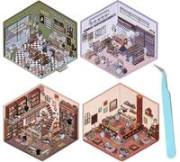 4 Sets DIY 3D House Stickers, Fun DIY Stickers Scene Make Your Own Supermarket|Coffee Shop|Restaurant|Bookstore, Cute Korean Cartoon Scene Stickers, Fun DIY Stacking Scene Stickers for Adult Kids (a)