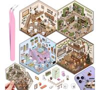 4 Sets DIY 3D House Stickers, Fun DIY Stickers Scene Make Your Own Supermarket, Coffee Shop, Restaurant, Cute 3D Cartoon Scene Sticker Set for Relief Stress Pass The Time
