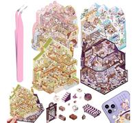 4 Sets DIY 3D House Stickers, Fun DIY Stickers Scene Make Your Own Supermarket, Coffee Shop, Restaurant, Cute 3D Cartoon Scene Sticker Set for Relief Stress Pass The Time