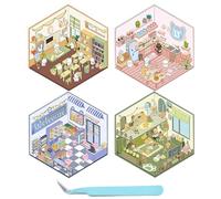 4 Sets DIY 3D House Stickers, Make Your Own Stickers, Living Room | Kitchen | Supermarket | Classroom, Miniature Sticker Scene, Funny Cartoon Scene Stickers for Relief Stress Pass The Time