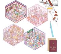 4 Sets DIY 3D House Stickers, Scene Make Your Own, Isometric Book, Fun Cute Korean Cartoon Scenes for Adult Kid Relief Stress Pass The Time (C)