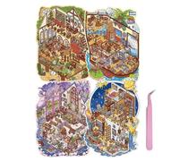 4 Sets DIY 3D House Stickers with Tweezers,Large 3D DIY Sticker Scenes for Adult Kids Relief Stress Pass The Time,Make Your Own Cute Cartoon Warm Shop Draw Studio Wineshop Church