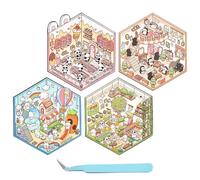 4 Sets DIY 3D Sticker Scene, DIY 3D House Stickers, Make Your Own Sticker Rabbit Garden | Penguin Bedroom | Panda Dessert | Cat Cafe Funny Cartoon Stickers Scene with Tool, Miniature Sticker Scene